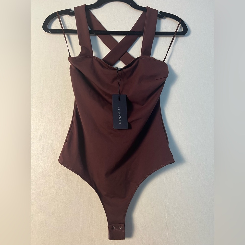 DYNAMITE Womens Square Neck Tank Bodysuit Bitter Chocolate XS Slim Fit - Picture 15 of 16